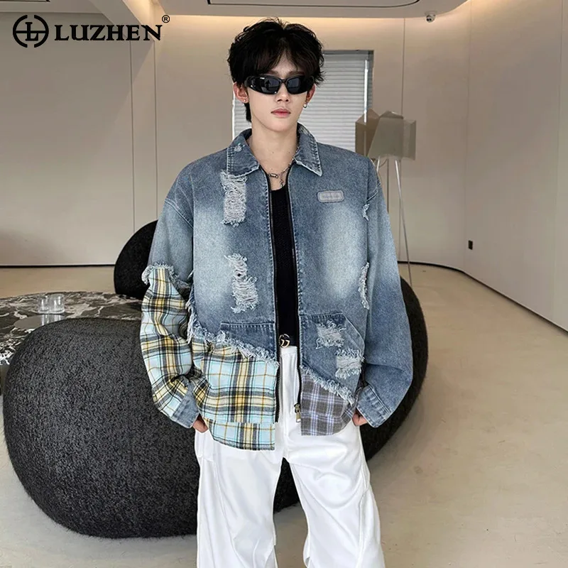 

LUZHEN Original Plaid Printed Splicing Design Denim Jacket Men's 2025 Autumn New Handsome Wornout Long Sleeve Male Shirts JY4131