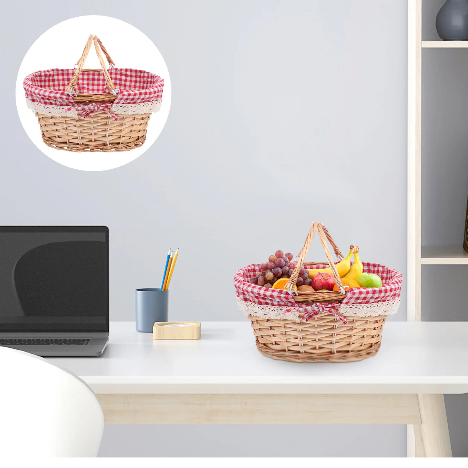 

Woven Picnic Basket Small Natural Red Pattern Fruit Snacks Storage Sundry Container Home Decor Lightweight Portable