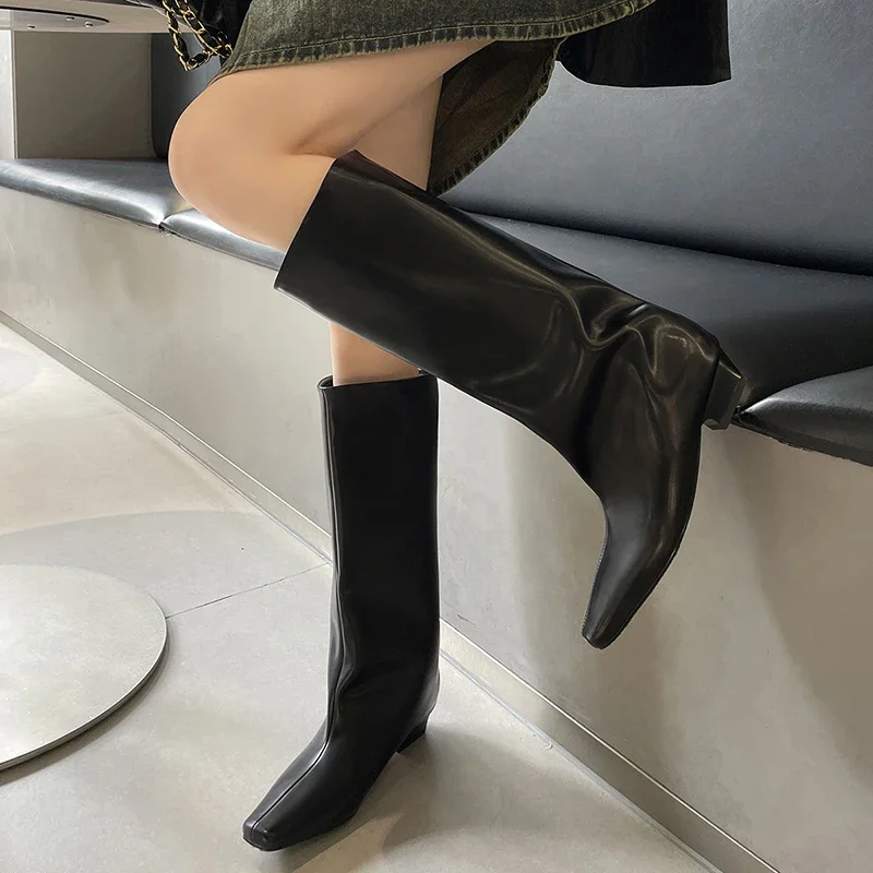 YATAGODY Size 33-40 Women Knee Boots Real Leather Comfort Chunky Mid Heels Shoes Fall Winter Wide Calf Pull On Long Tall Boots