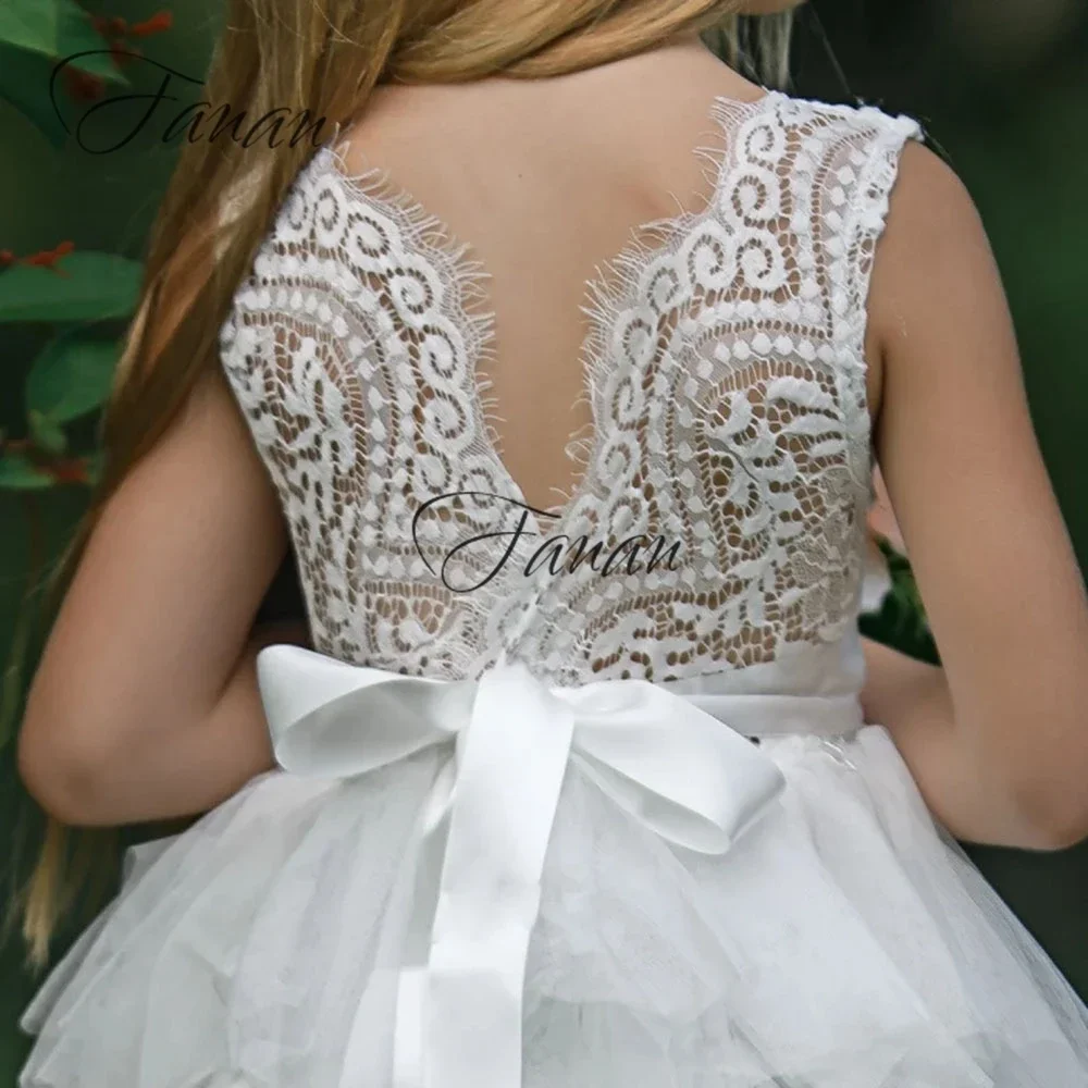 Personalizado simples colher pescoço vestido da menina de flor mini sem mangas apliques vestidos de festa de formatura para crianças plissado tule