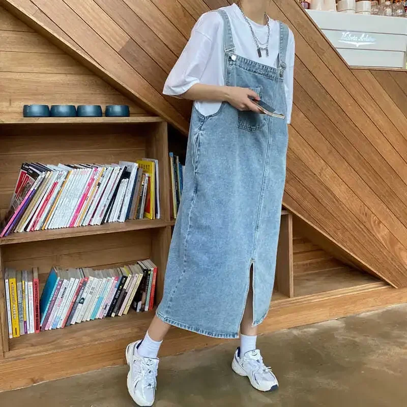 

Summer Denim Overall Dress Women Sleeveless Jeans Dresses Y2k Fashion Solid Slip Casual Loose Spaghetti Strap Dresses Платье 원피스