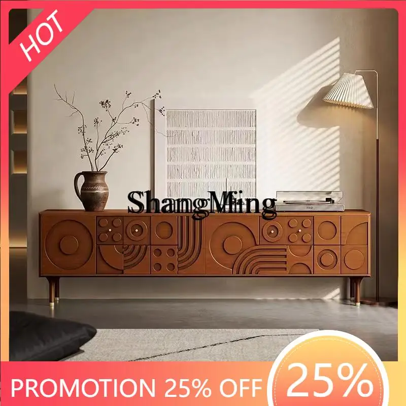 

FG Expression Modern TV Cabinet Retro Solid Wood Carved Small Apartment Living Room Vintage Style Storage Entryway Cabinet