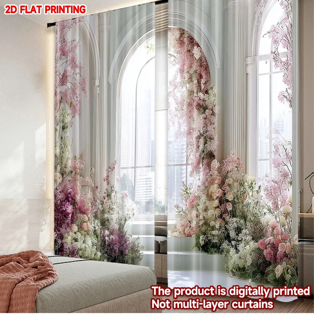 2pcs Arch Window Floral Curtains 2D Flat Digital Printing, Soft Pink Blossoms with Indoor View Effect for Cozy Bedroom Decor