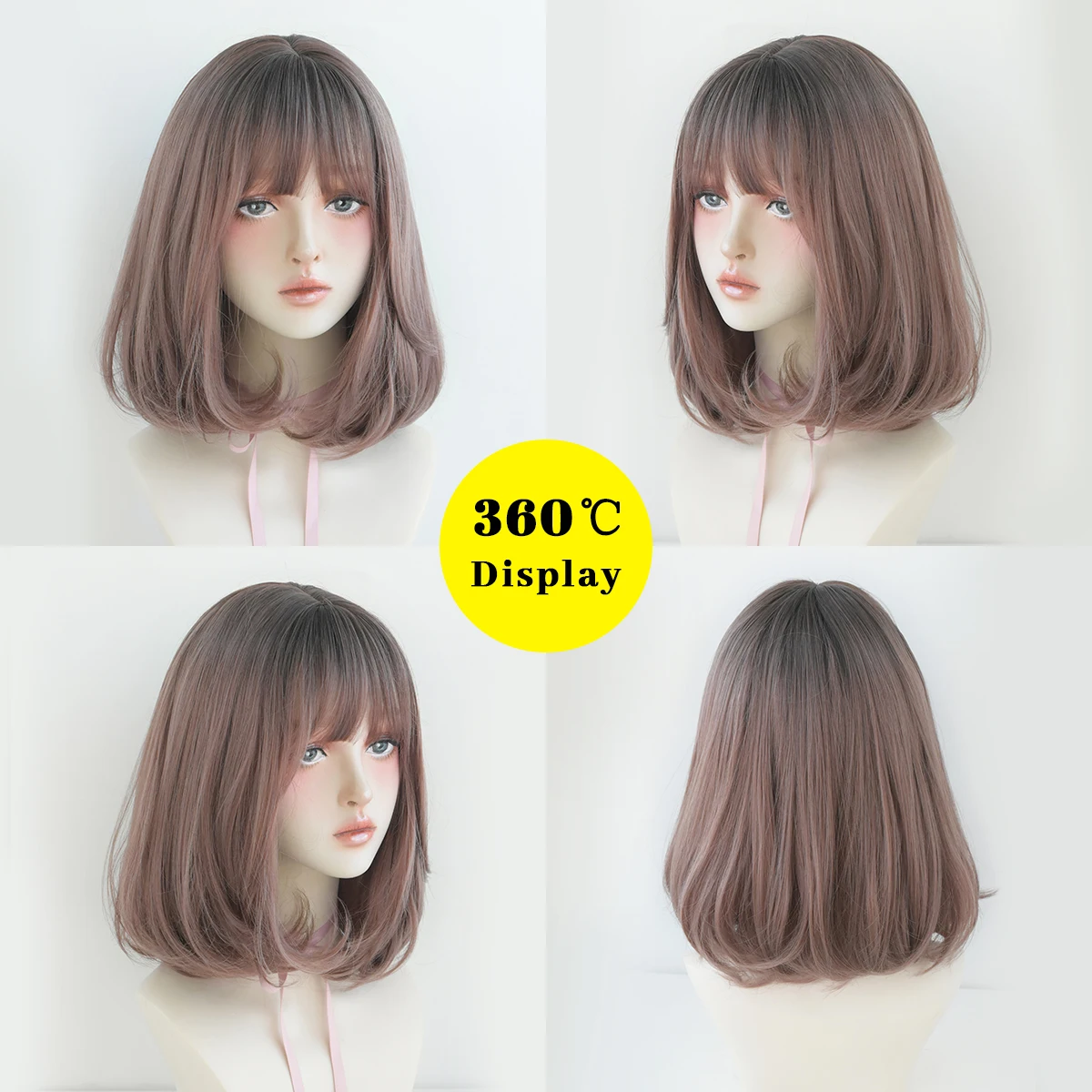 วิกผมสั้นตรงวิกผมบ็อบกับ Bangs สีน้ำตาลสีชมพูวิกผมสีดำธรรมชาติวิกผมปลอมสำหรับสตรีทุกวันคอสเพลย์ทนความร้อนวิกผม