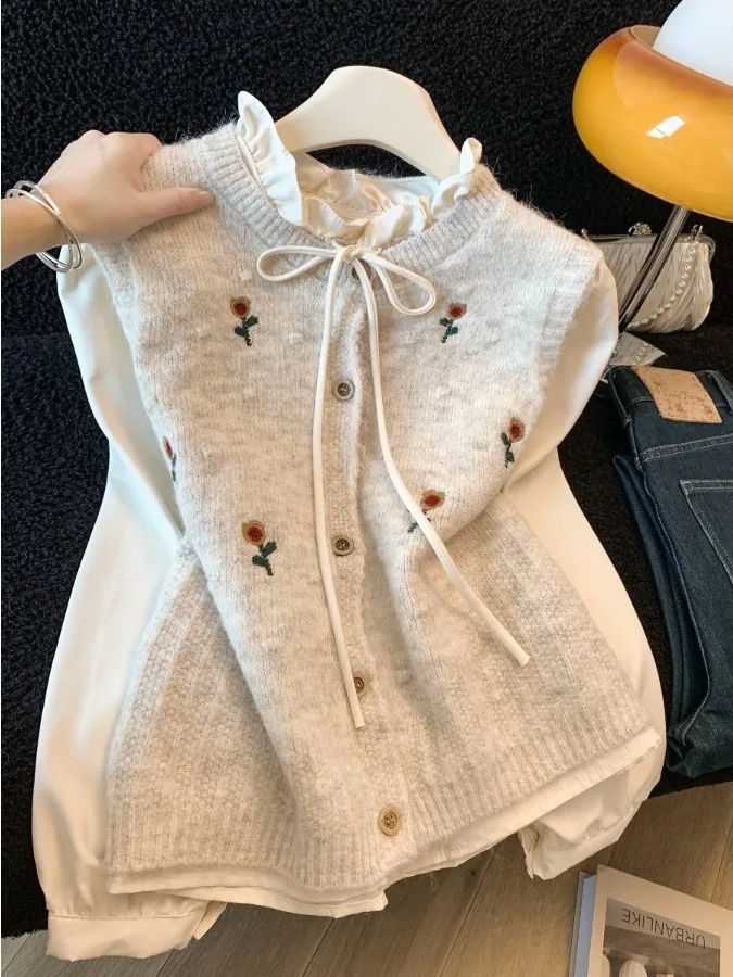 

Loose Knitted Flower Pattern Vest Top Women's Spring New Style Layering Sleeveless Shoulder Pad Outerwear Sweater Cardigan
