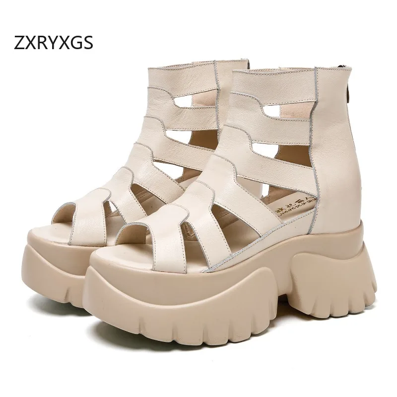 

ZXRYXGS 2026 Женские модные сандалии-клинки из натуральной кожи с эффектом увеличения роста, в ретро-римском стиле, на платформе
