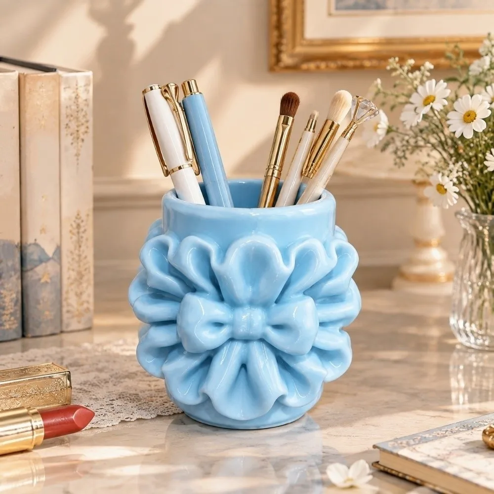Stylish 3D Printed Makeup Brush Holder Multifunctional Bow Pencil Holder Irregular Desktop Organizer Desktop Use