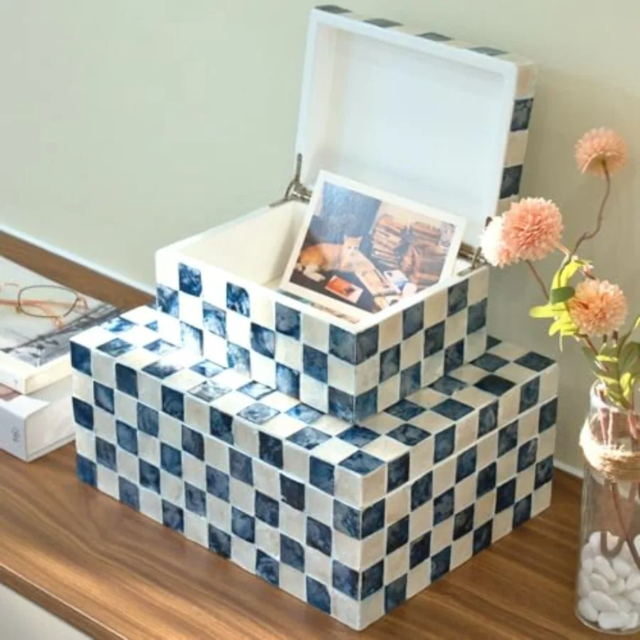 

11.8", 8" Decorative Boxes with Lids, Capiz Shells Checkered Decorative Storage Boxes for Home Décor, Memory Box Keepsake Box f