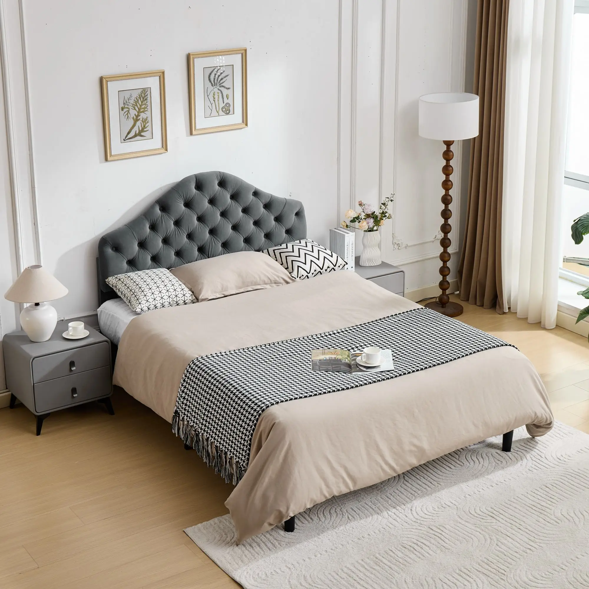 Base de cama con plataforma de terciopelo de tamaño completo, 140x200 cm, cabecero ajustable, soporte de listones de madera, no necesita somier, fácil montaje, color gris