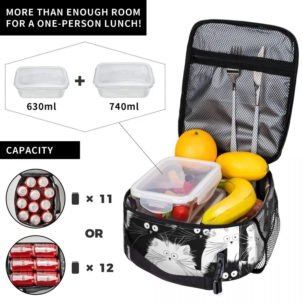 Simpatico gatto nero bianco modello isolato Lunch Bag Lunch Container riutilizzabile Thermal Cooler Lunch Box School