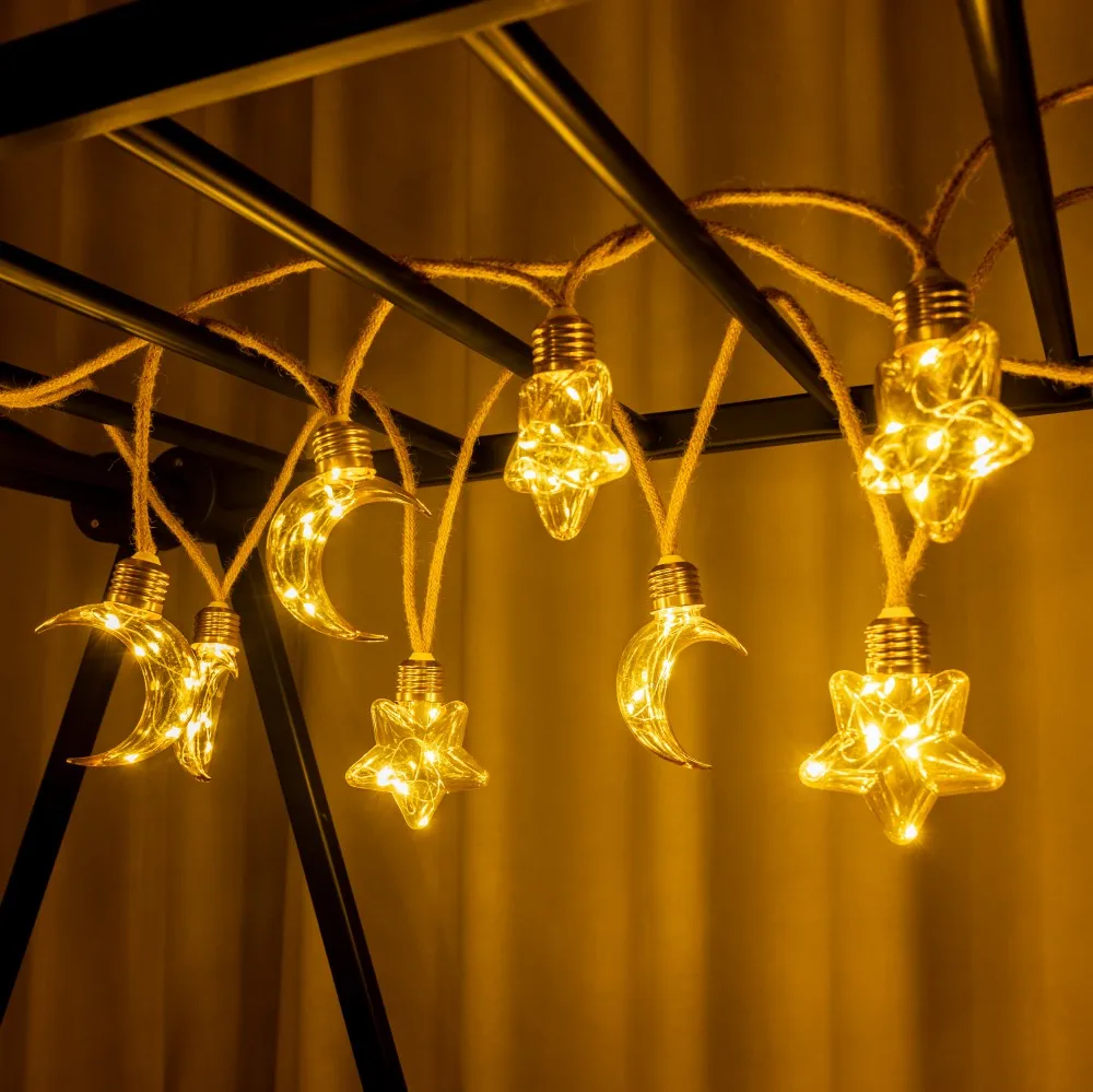 

1 шт. 5M10LED на солнечной энергии из пеньковой веревки со звездой и луной, светодиодный сказочный свет, используемый для Рамадана, патио, сада, домашней вечеринки, декора Ид