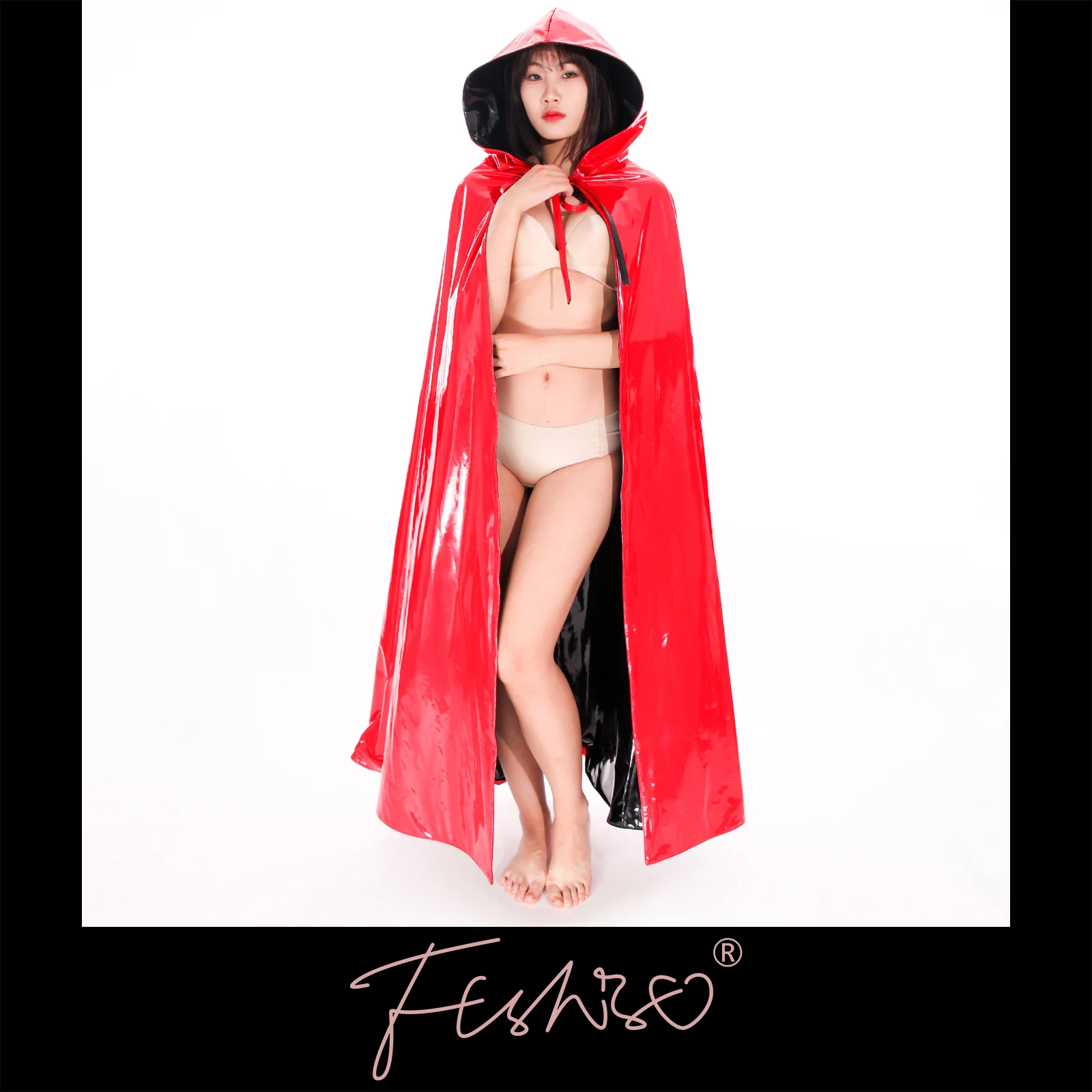 Ftshist Reversible Patent Leather Hooded Cape Sorcerer's Long Cloak Red & Black One Size Monk's Medieval Vintage Party Prop