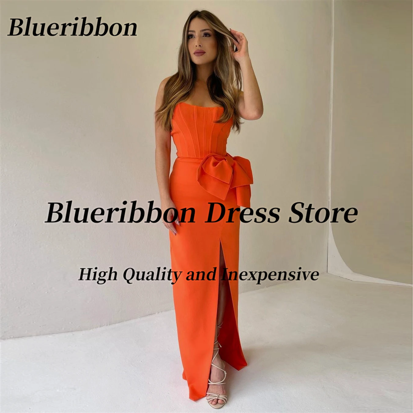 Blueribbon Simple Prom Dresses Fishbone Strapless Bridesmaid Dress for Wedding Party Bow Side Slit Sexy Evening Gowns