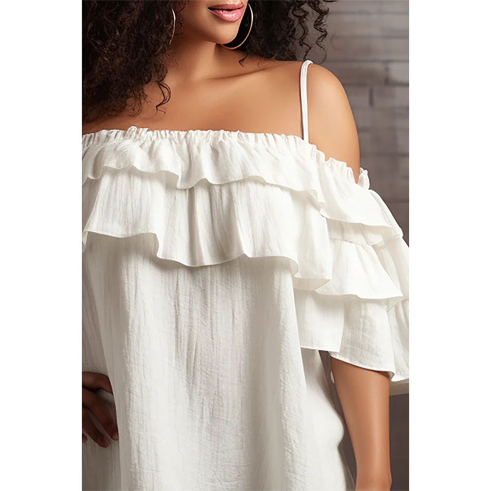 Plus size women's daily white off-the-shoulder short-sleeved ruffled linen summer shirt