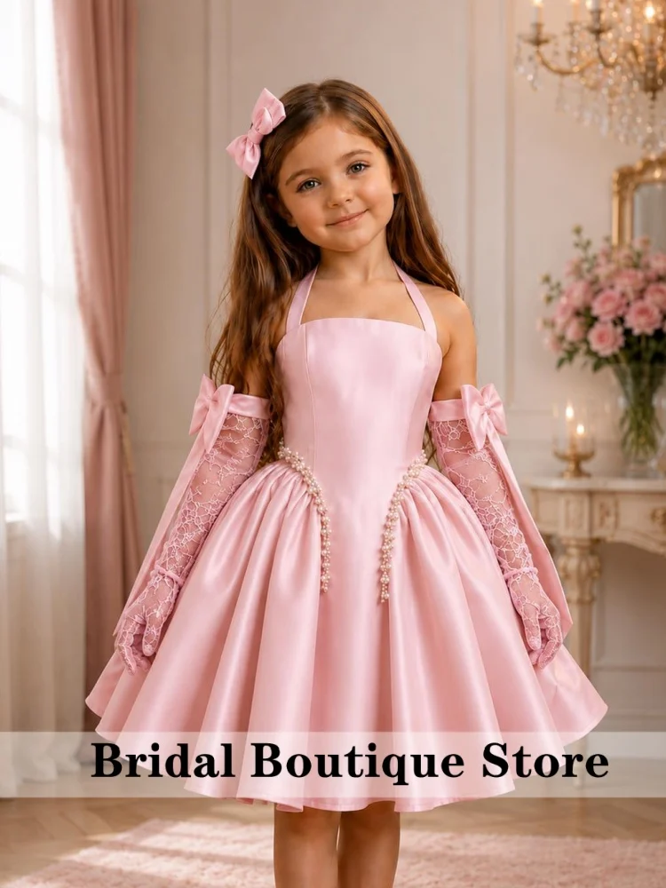 Customized Pink Flower Girl Dress For Wedding Sleeves Mini Puffy Knee Length Beaded Kids Birthday Party First Communion Gown