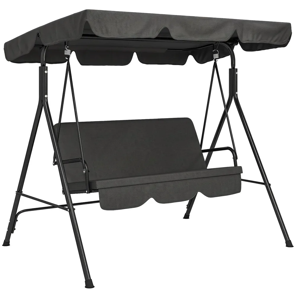 3-Person Porch Swing w/Stand Adjustable Tilt Canopy, Black 2 | Swing Bench, Steel Frame, Patio Garden Poolside Balcony