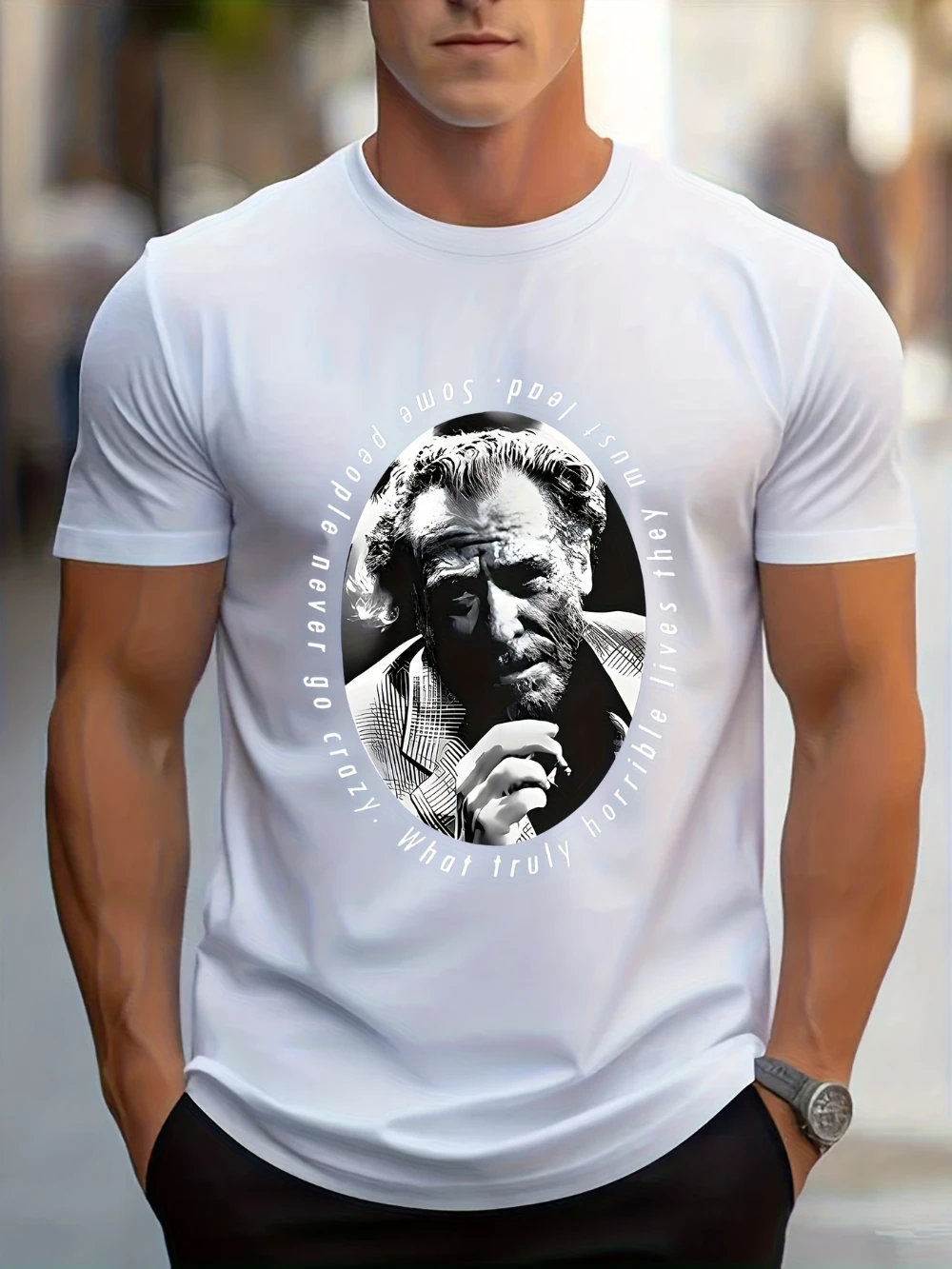 Charles Bukowski Portrait T-Shirt Black with White Print What Truly Quote Casual Crew Neck Regular Fit