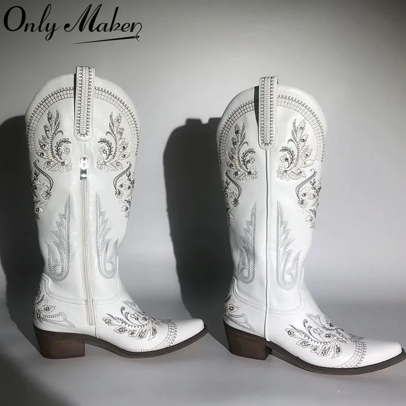 

Onlymaker Women Pointed Toe Embroidered White Western Cowboy Boots Block Heel Pull-On Cowgirl Booties