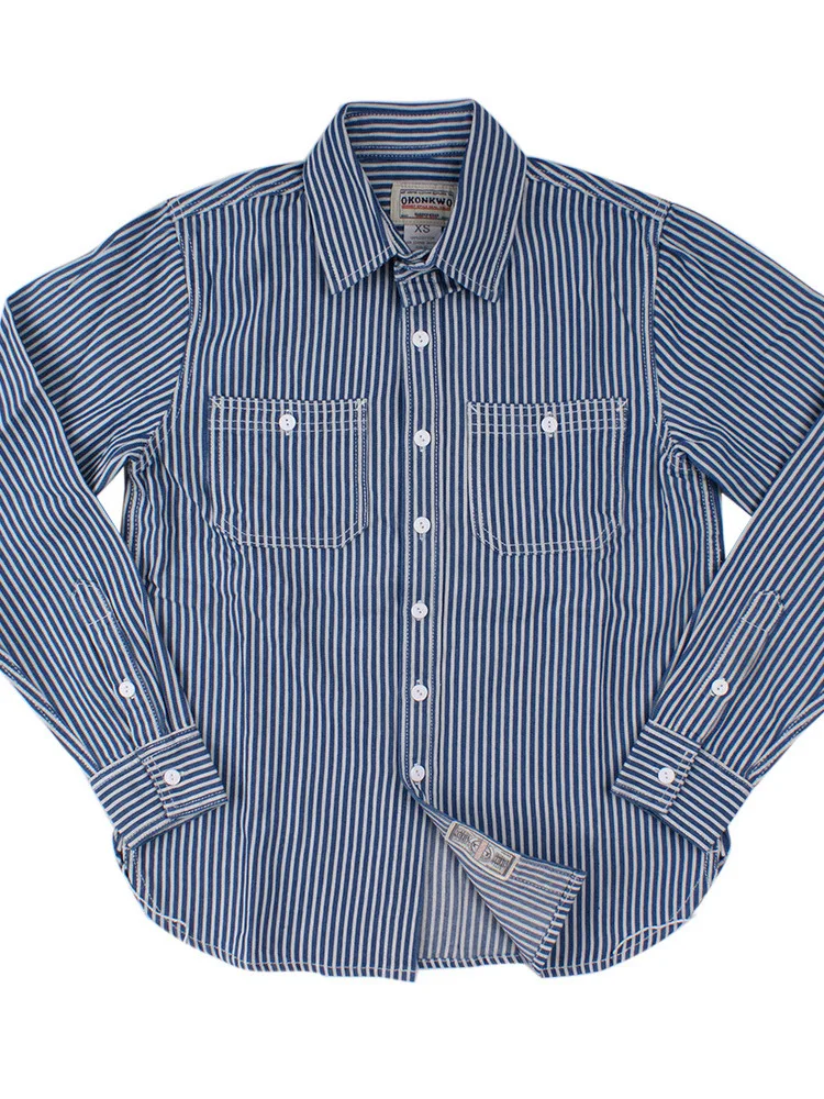 

Мужская рубашка в американском ретро-стиле, повседневная, с длинным рукавом, из чистого хлопка, с двумя карманами, сине-белая, в вертикальную полоску, рабочая одежда, осенняя модель