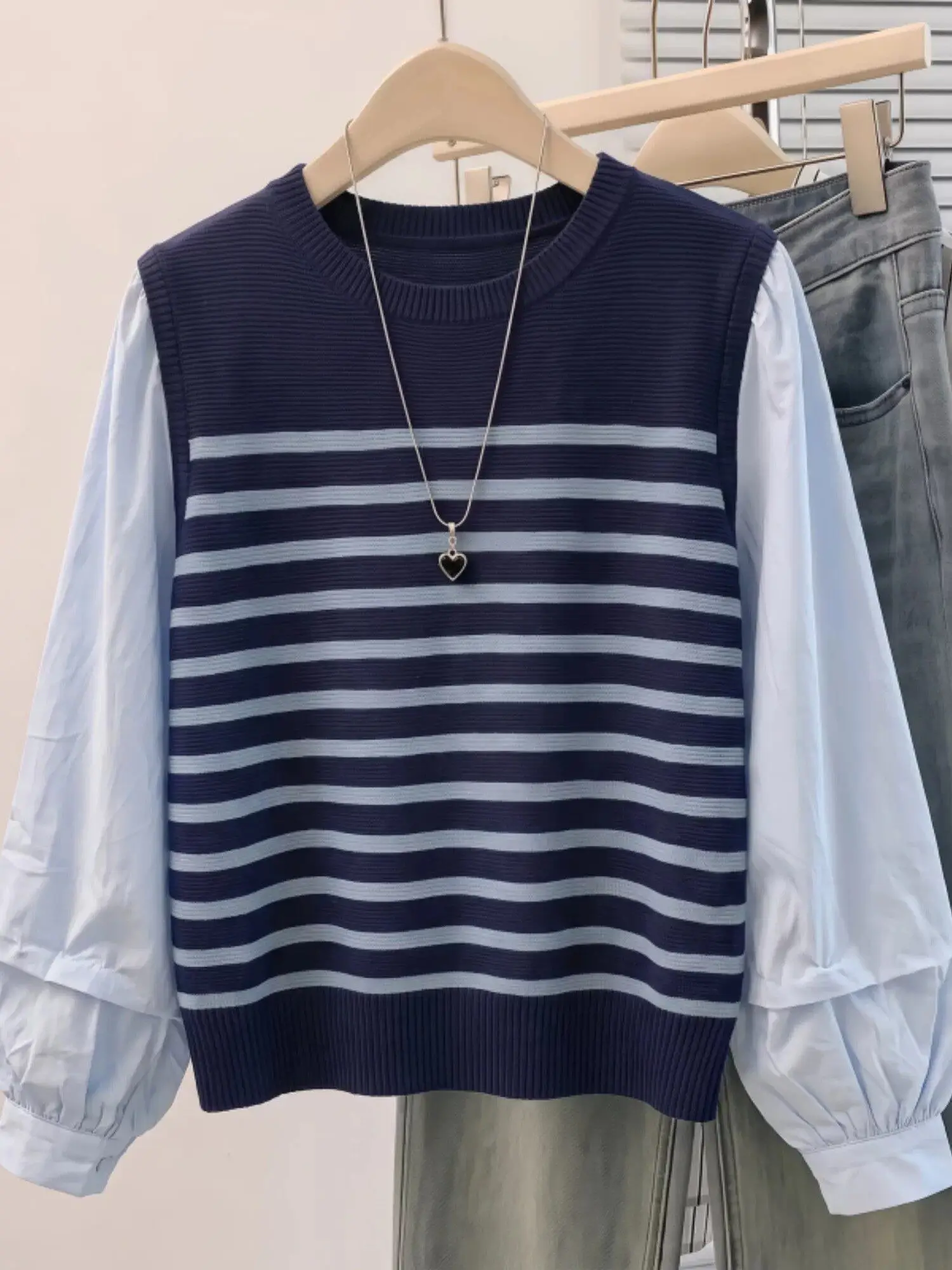 Slimming Casual Stripe Long Sleeve round Neck T-Shirt Shirt Patchwork Color Block Autumn Top Women's Loose Fit Knitted Sweater