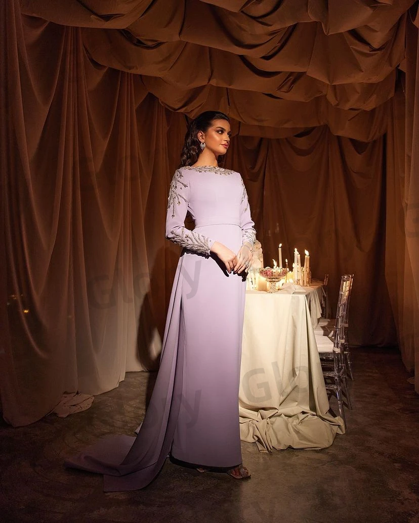 Vestidos de Noche lilas con cuentas de cristal y Espalda descubierta, vestidos de graduación de manga larga, tren extraíble, sirena, precioso vestido de fiesta de Arabia Saudita