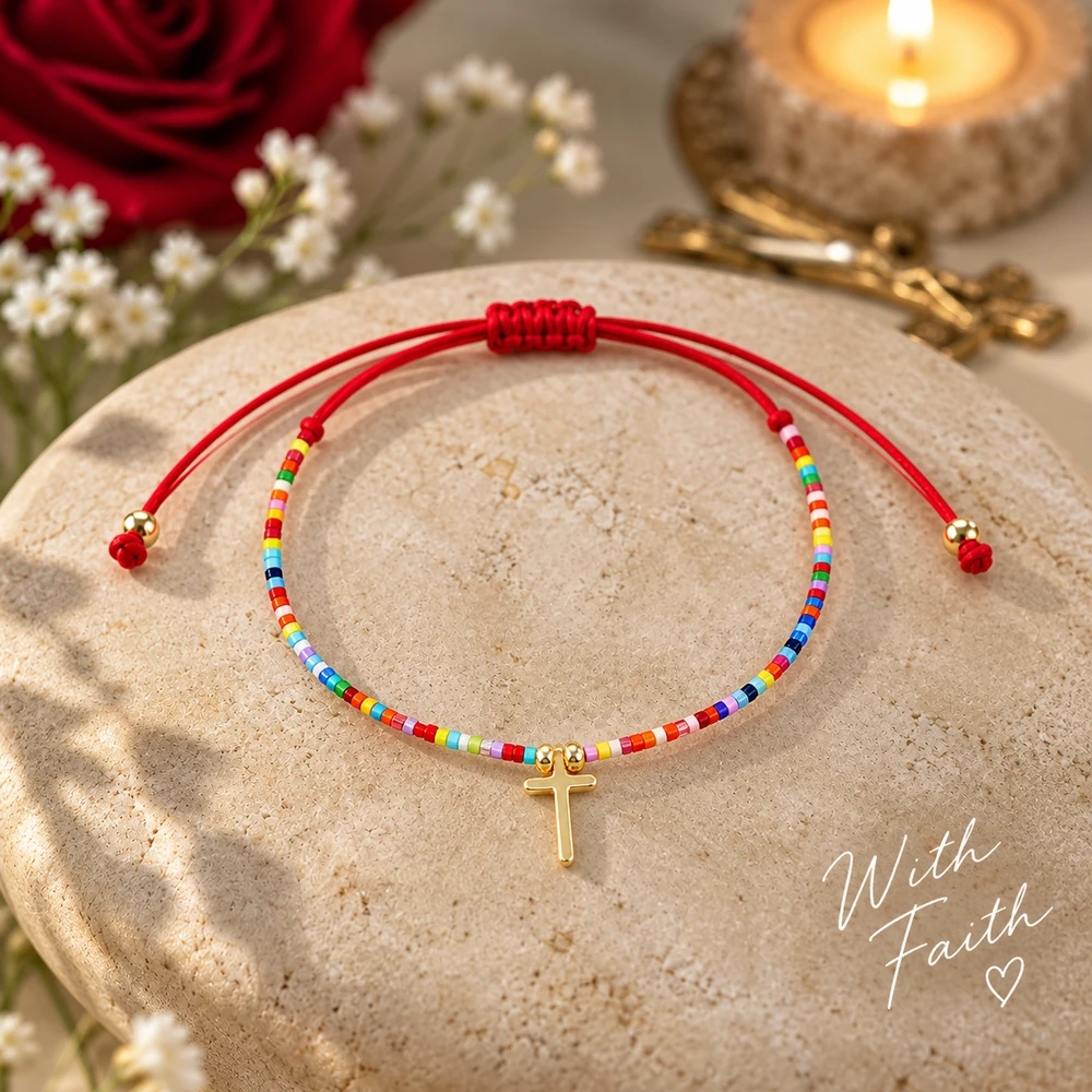 1pc Christian Cross Multicolor Glass Bead Bracelet Red Adjustable Lace-Up Cord Copper Charm Religious Style for Women