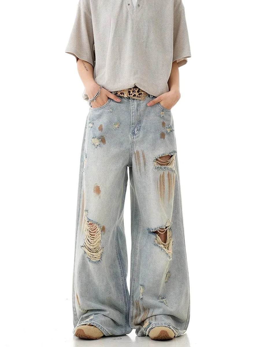 

American Sle Waed Heavy Du Hole Wide Leg Jeans Men Women Retro Street Loose Floor-Length Straight Leg Pants