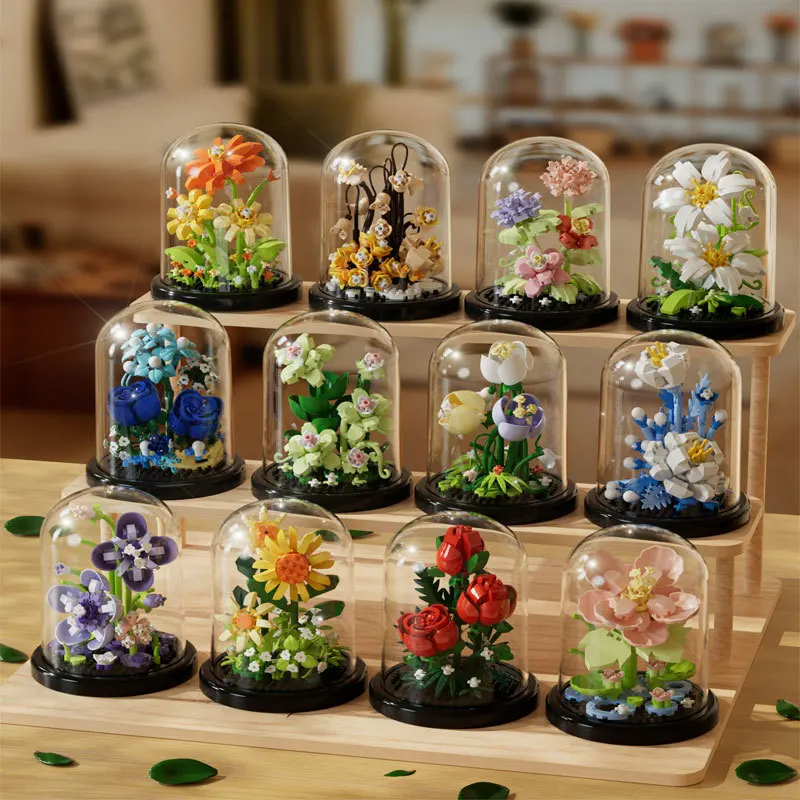 

Creative Plant Flower Micro Diamond Block Sunflower Hibiscus Nanobrick Rose Lily Building Brick Toy Display Stand For Gifts