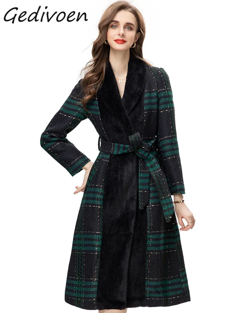 

Gedivoen Winter Fashion Designer Vintage Striped Print Blends Coat Women's V Neck Velvet Frenulum Pockets Slim Long Blends Coat
