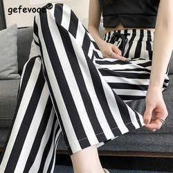 Women Clothes Summer Korean Fashion Striped High Waist Wide Leg Pants Y2K Female Casual Streetwear Straight Trousers Pantalones