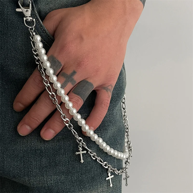 

Fashion Imitation Pearl Cross Jeans Chain Keychain Men Women Trousers Hipster Pant Chain HipHop Jewelry