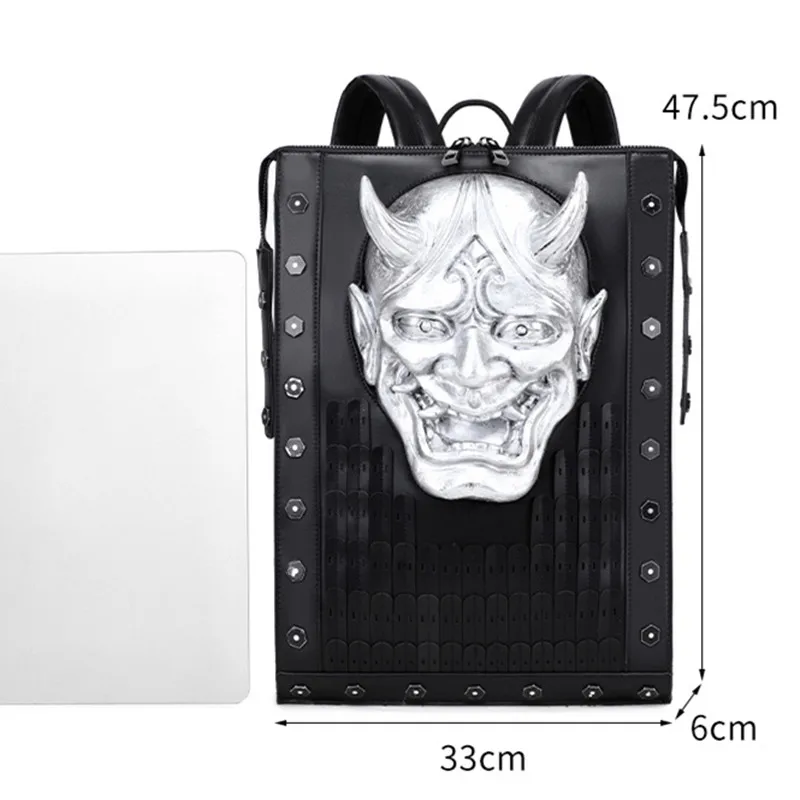 2026 Vintage 3D stereoscopic personalized backpack for men and women, ghost head pu leather riveted ghost face mask computer bag