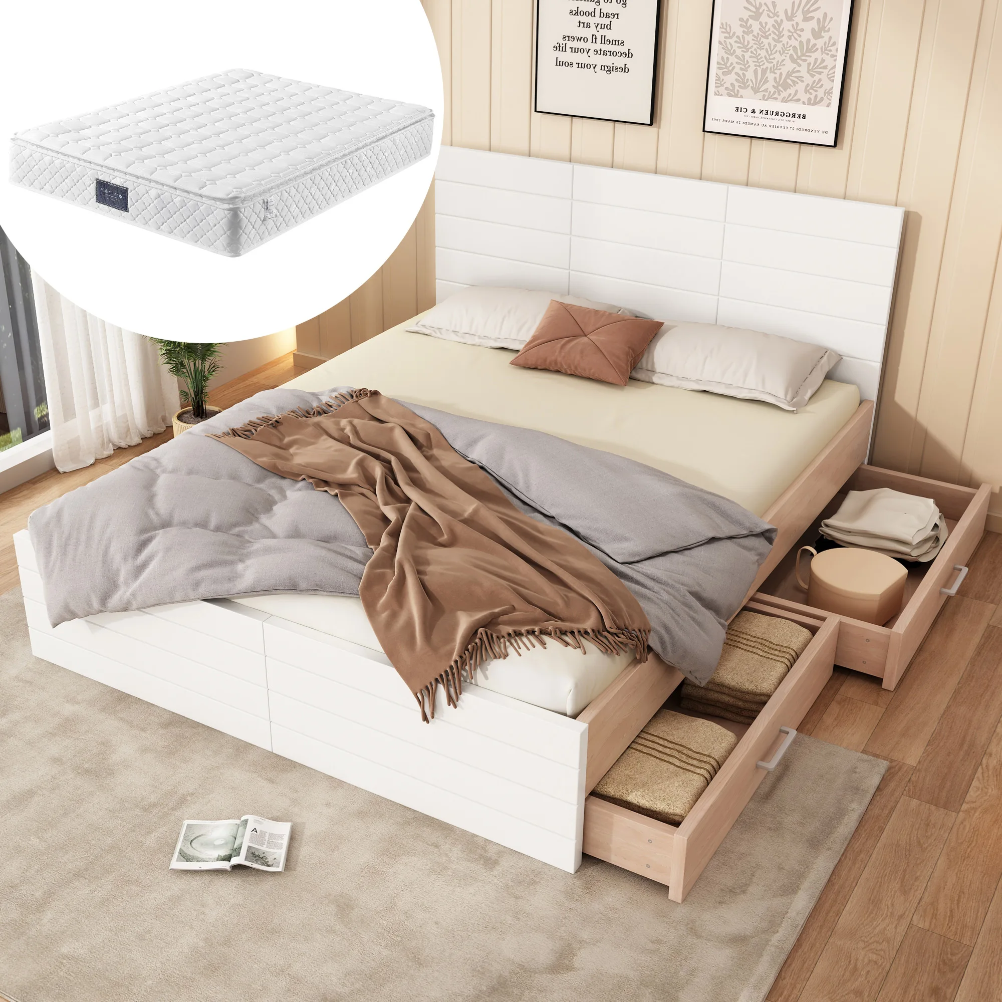 140x200cm wooden bed with 2 drawers, slatted frame, modern design in oak/White, incl. Mattress