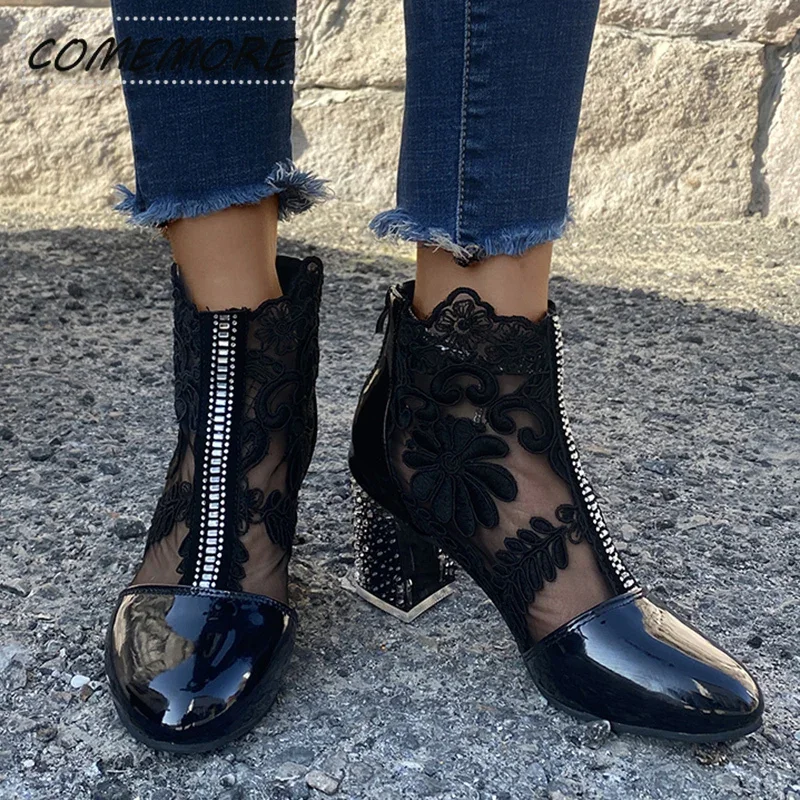 Autumn New Sexy Black Mesh Embroider Ankle Boots for Women Summer Crystal Square Heels Boots Woman White Lace Short Botas Mujer