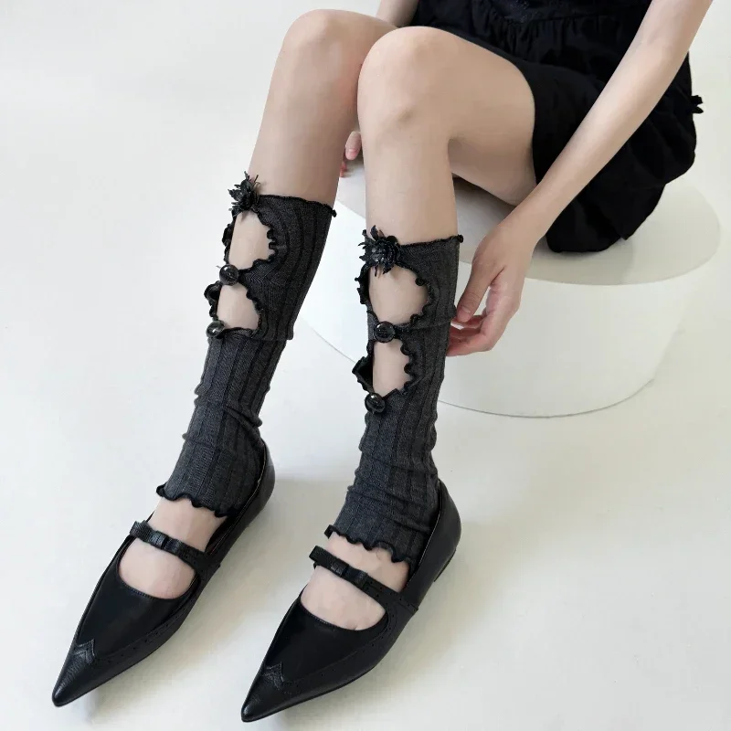 

Black Gray Leg Warmers Hollow Out Solid Colors Long Socks JK Lolita Ruffle Socks Knitted Foot Cover Women Leg Warmers Y2k Girls