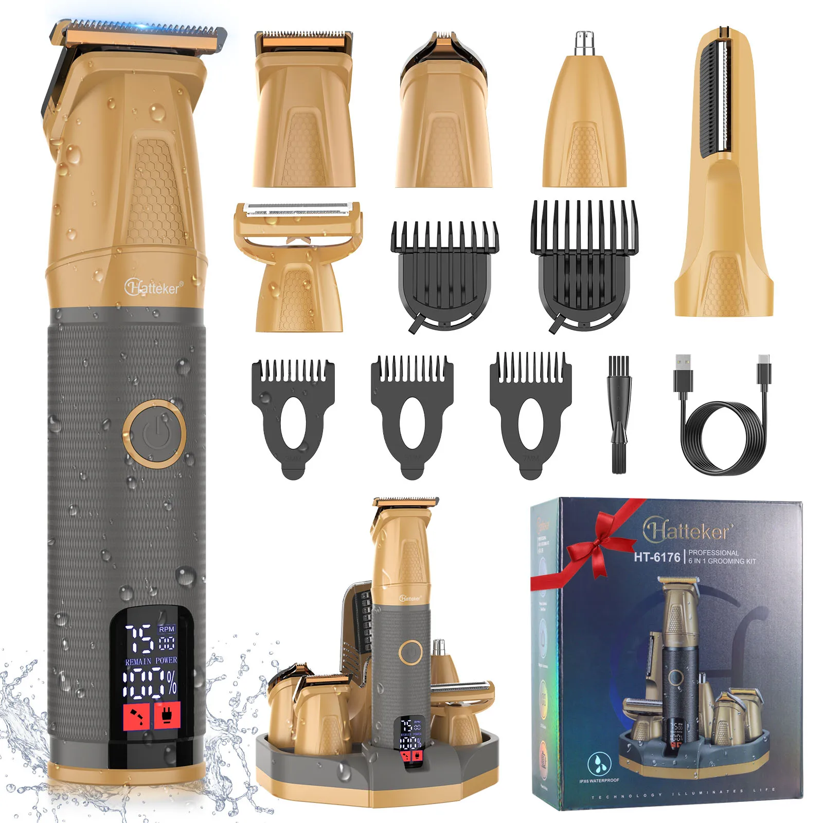 

Hatteker New Release Multi-Function Hair Clipper with LCD Display, Magnetic Guide Combs, IPX6 Waterproof Men's Grooming Kit