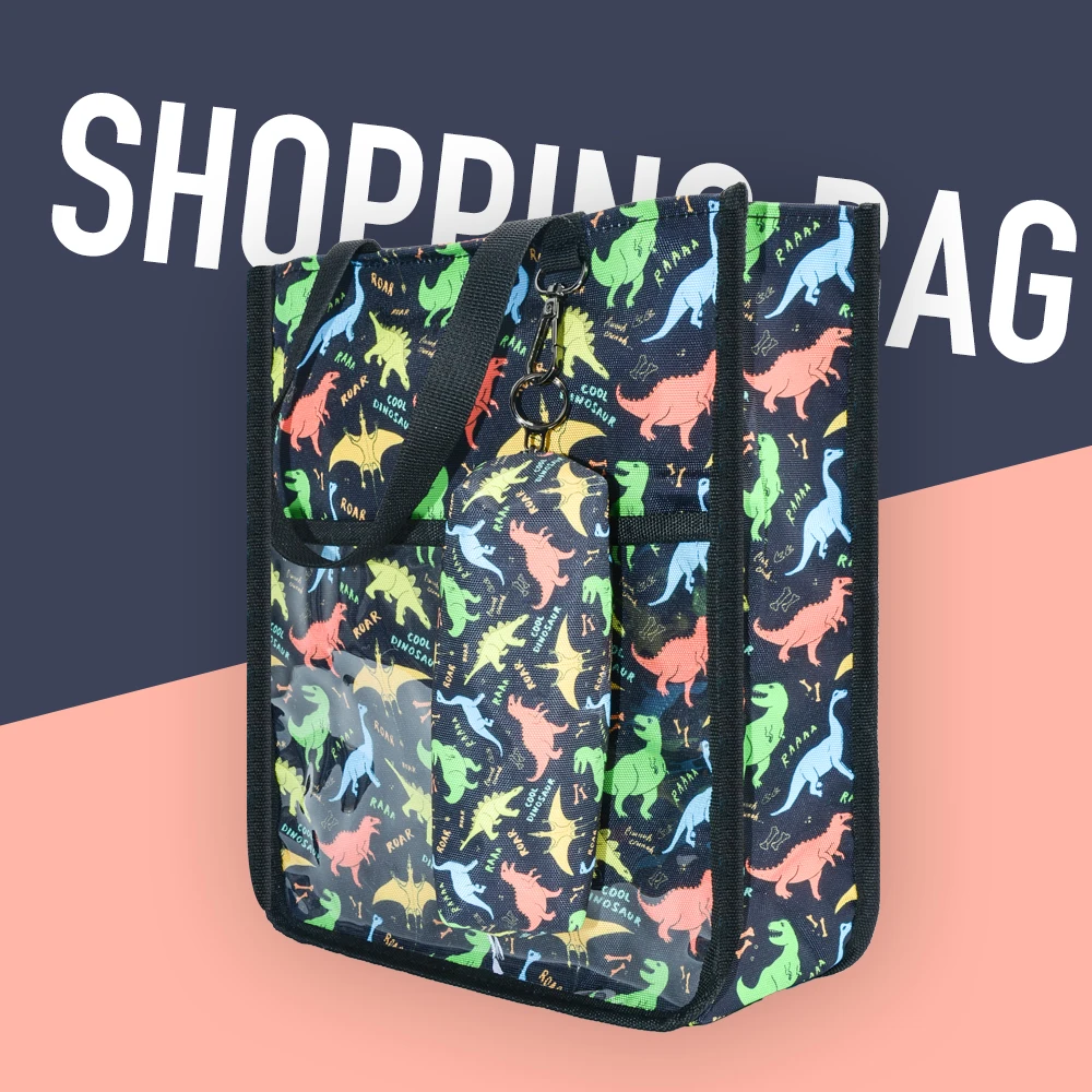 حقيبة تسوق من البوليستر مع جيب تخزين شفاف على الأمام، حقيبة تخزين ذات سعة كبيرة للنساء للخروج من التسوق