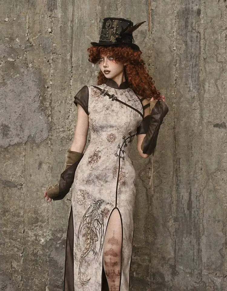Steampunk Tie-Dye Dragon Embroidered Cheongsam Dress with Slit Hem for Halloween Cosplay Party view 6
