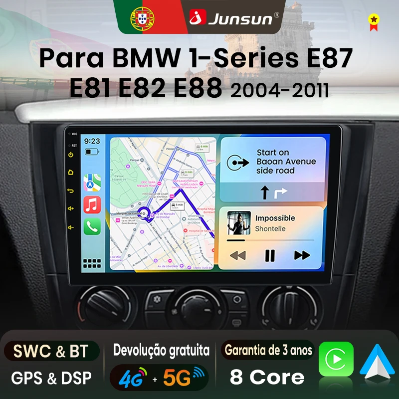 Autoradio Junsun 8-Core con Apple CarPlay Wireless e Android Auto per BMW Serie 1 E87 E81 E82 E88 2004-2011, Navigazione GPS, WiFi, DSP, RDS, BT, SWC, Unità Multimediale Stereo