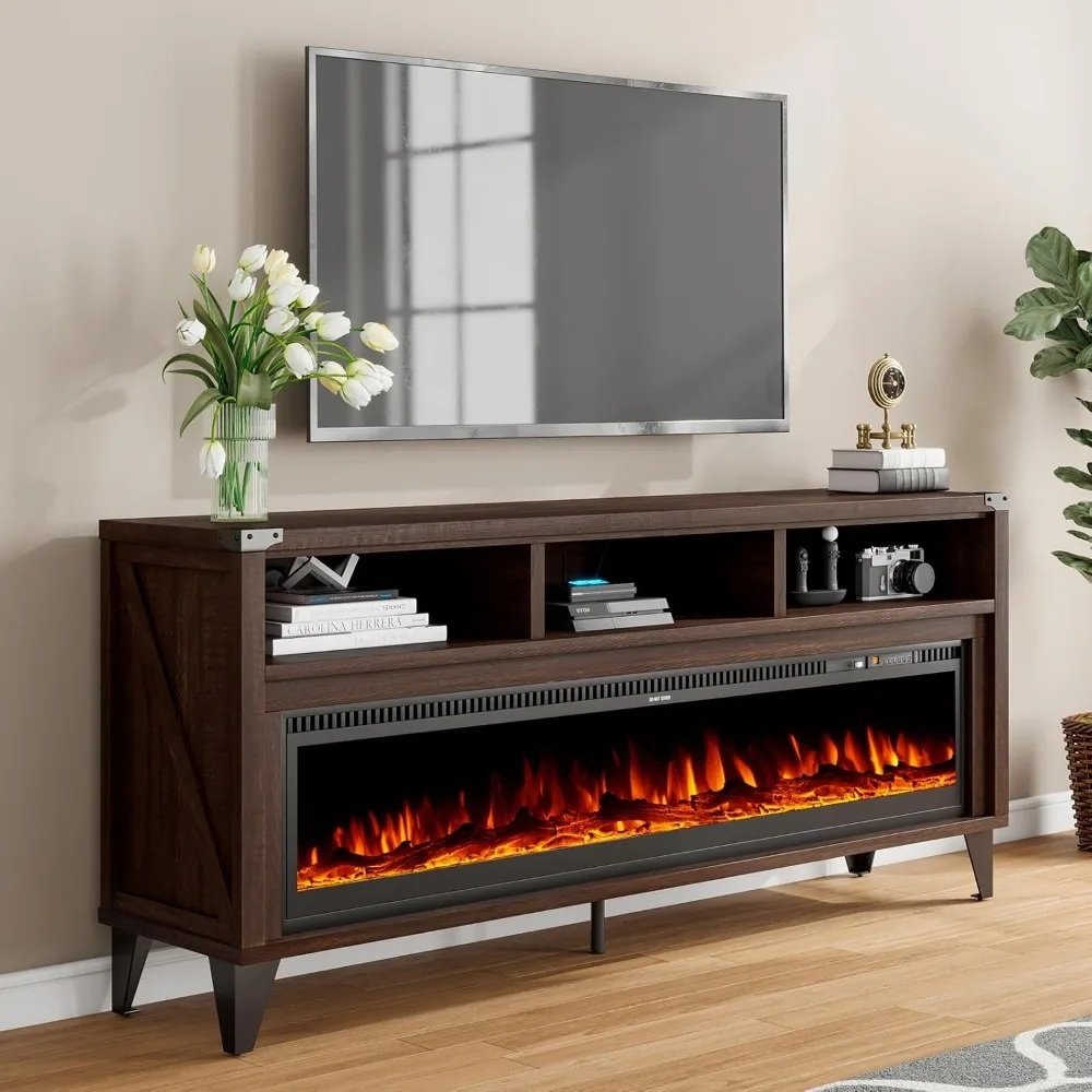 

Industrial Entertainment Center with 60"Tempered Glass Electric Fireplace,Media Console with Open Storage Space for TVs up to75"