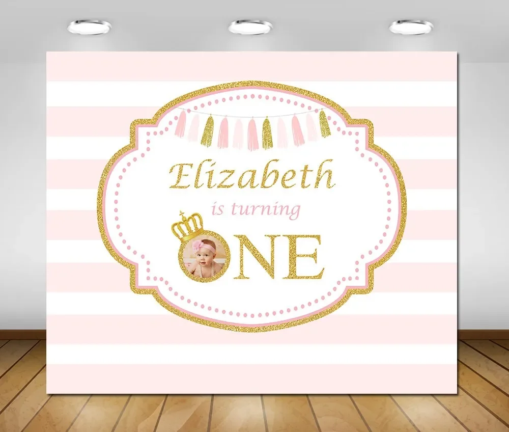 custom Royal Pink And Gold Princess Crown pink and white striped birthday background   Computer print party backdrops