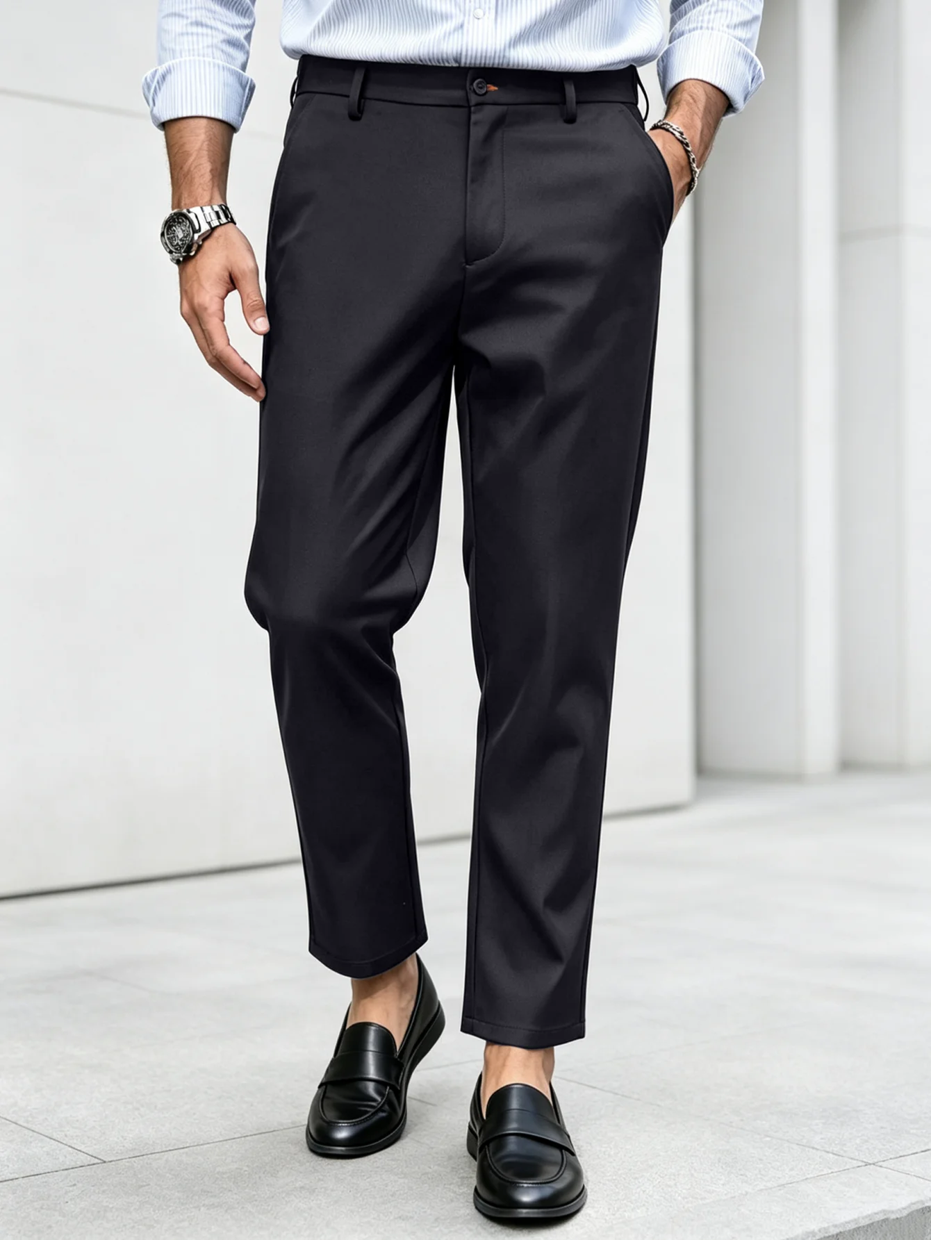 Men Smart Casual Half Elastic Waist Solid Black Cropped Tapered Suit Pants, Stretch Zipper Fly Flat‑Front Business Trousers