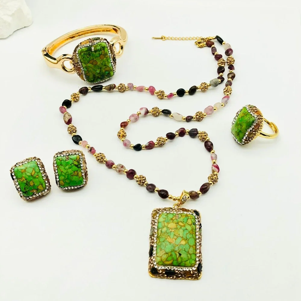 

Square Green Tourquoise with Natural Tourmaline Crystal Sets Handmade Beaded Clay Quartz Stone Charm Necklace Earrings Jewelry