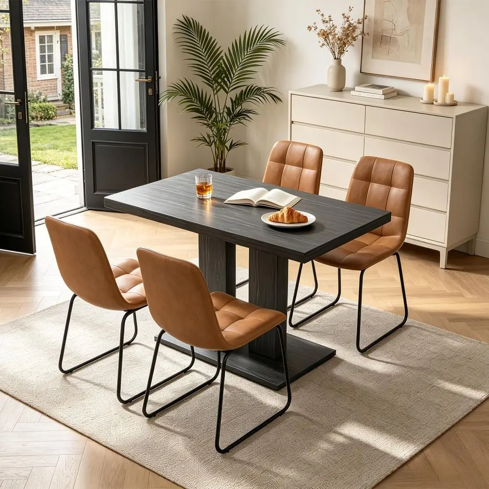 

5-Piece Dining Set with Grey Wood Table and 4 Leather Chairs for Small Spaces