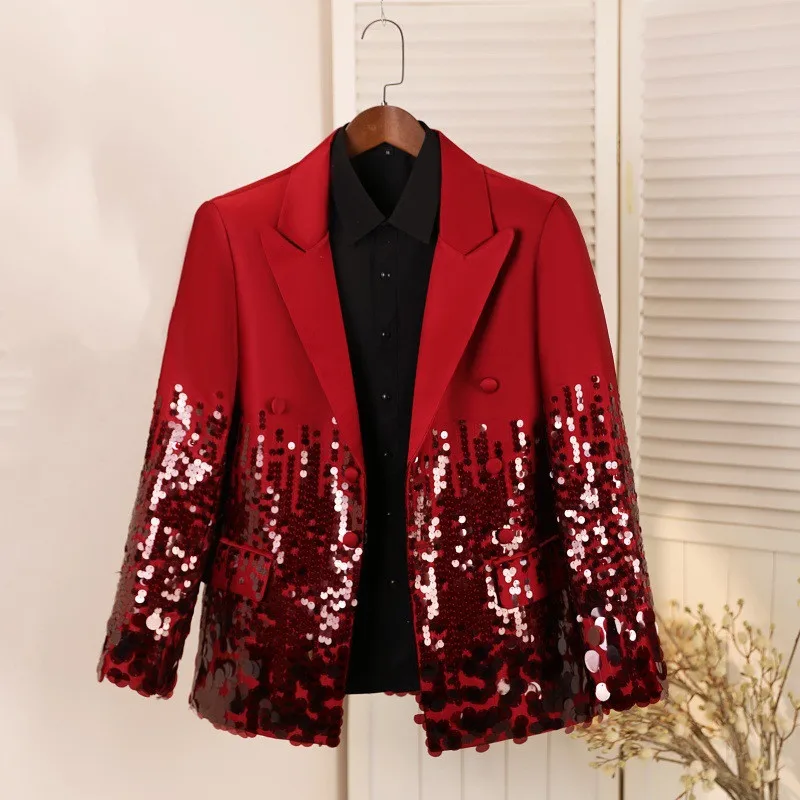 

Glitter Wine Red Sequin Men's Casual Blazer Suit Jacket One Button Male Singer Bar Concert Tuxedo Party Stage Performance Tuxedo