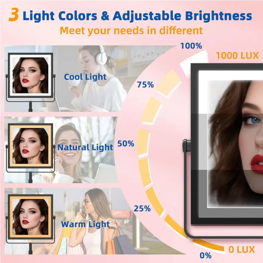 Specchio cosmetico con luci, amplificatore in altezza Luminosità regolabile, Specchio per trucco illuminato ricaricabile da 4000 mAh con ingrandimento 1X 10