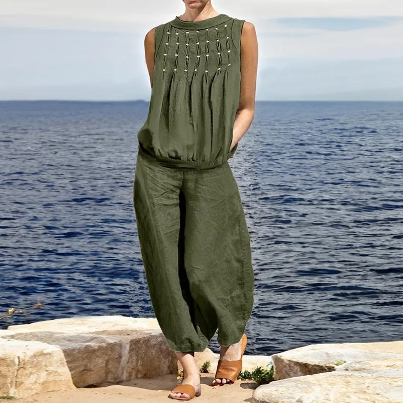 

Топ с круглым вырезом, брюки, комплект из двух предметов, модная уличная женская одежда 2024, весенне-осенние новые брюки, свободные брюки без рукавов