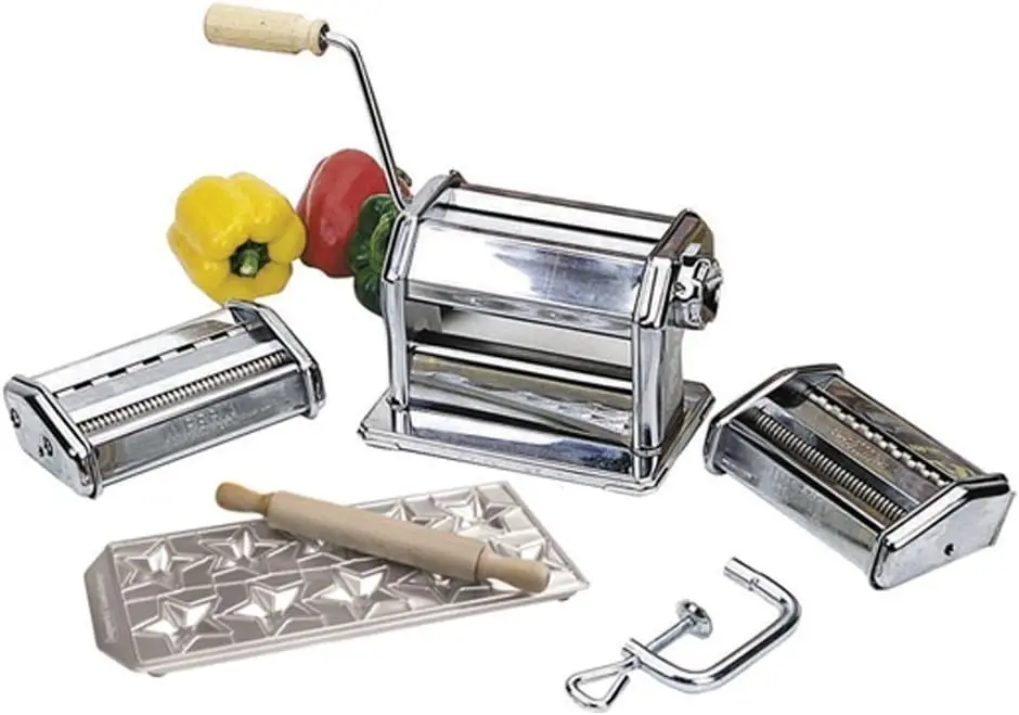 

Deluxe Pasta Maker Machine with 2 Attachments, Star Ravioli Mold and Rolling Pin for Homemade Italian Cuisine