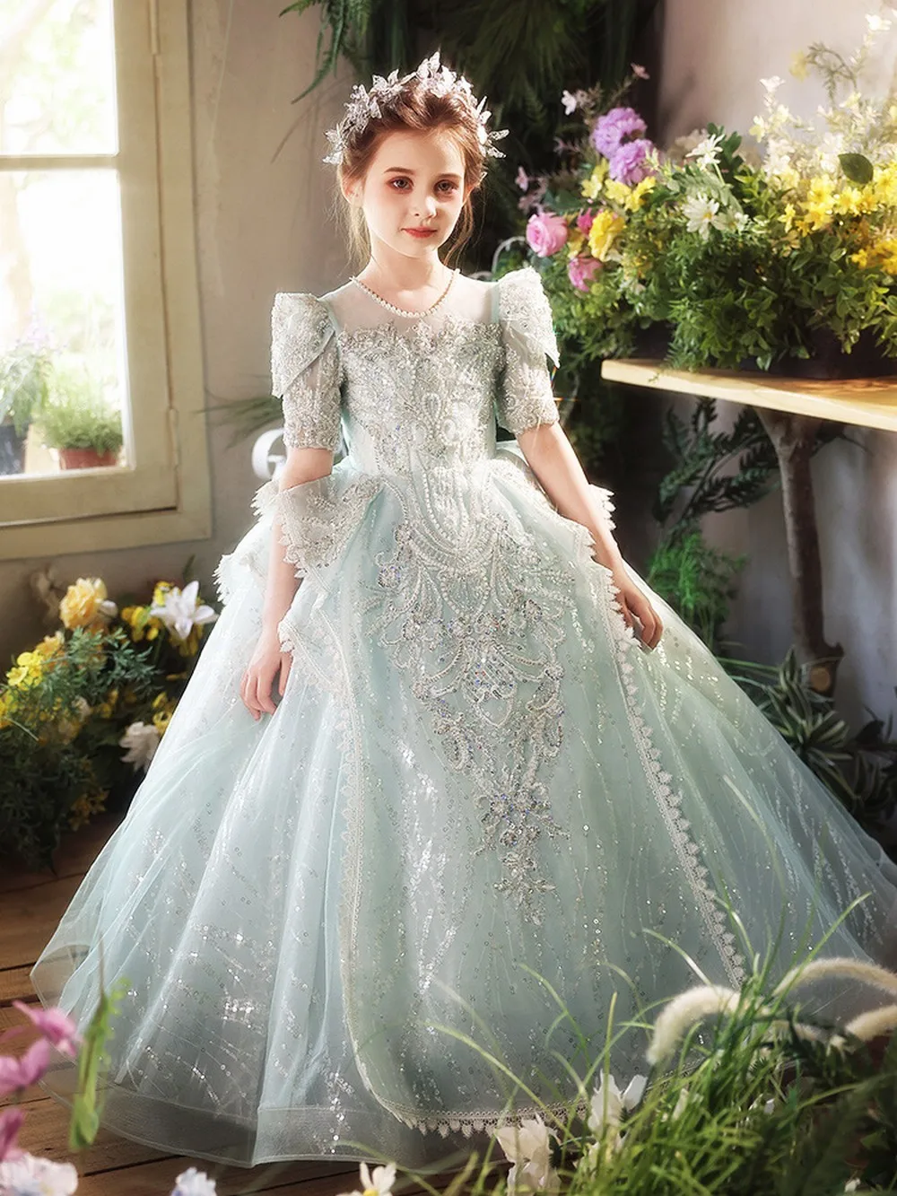 Light Blue Princess Special Occasion Flower Girl Dress Wedding Pary Prom Birthday First Communion Baby Child Kid Pageant Gown