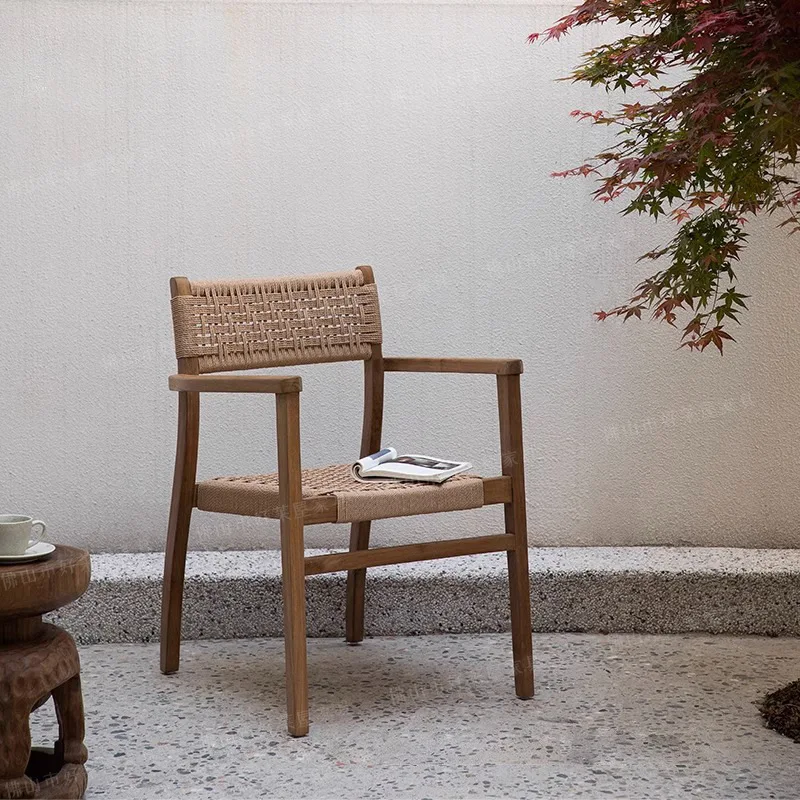 

Dining Chair Outdoor Chair Woven Rattan Solid Wood with Armrests Household Backrest Hotel Leisure Dining